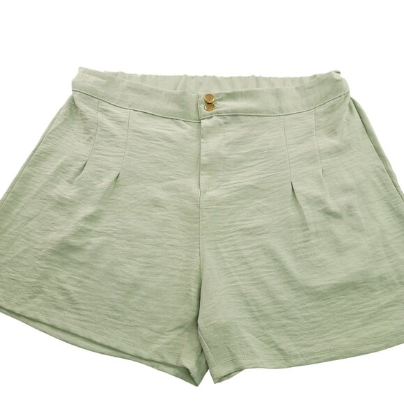 Love Womens Plus 3X Light Green Elastic Waist Shorts Gold Buttons Zip Closure - Picture 1 of 9